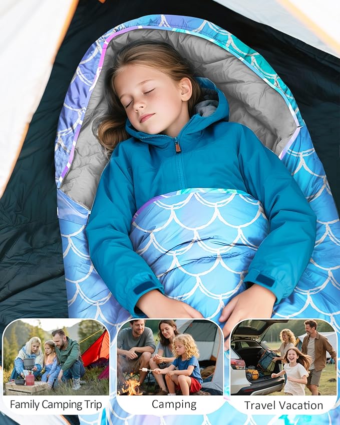 Kids Sleeping Bag for Kids Girls, 3 Season Warm Cool Weather Waterproof Lightweight Camping Sleeping Bag with Carry Bag for Indoor Outdoor Camping Hiking Traveling