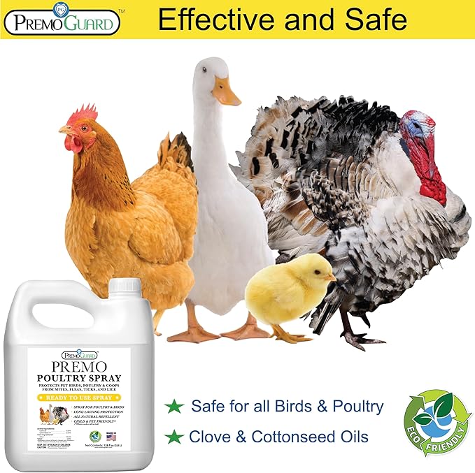Premo Guard Poultry Spray - 128 oz - Kill Scaly Leg, Mites, Fleas, Lice, & Other Pest on Chickens and in Coops - Natural Plant Based Oils for Control, & Prevention - Family Safe with No Egg Withdrawl