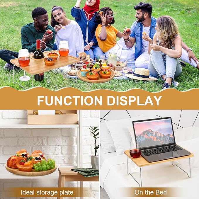 Picnic Foldable Wine Table with Bamboo Plate Kit, Handmade Handle Portable Bamboo Tray Table with Food Plate for 2 Outdoor Camping Picnic Wine Set Gift for Couples