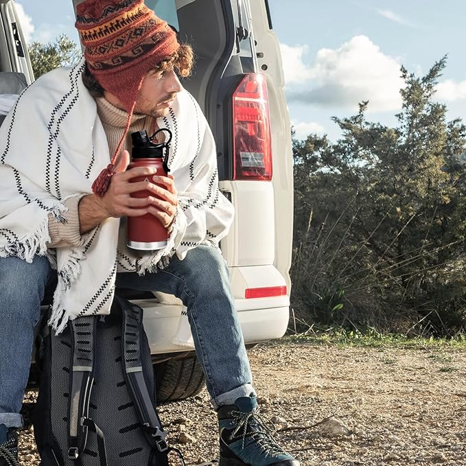Insulated Sports Water Bottle with Straw Lid Dustproof, 3 Lids, 24/32/40/64 oz Dishwasher Safe & BPA Free Double Wall Stainless Steel Water bottle, Leakproof & Sweat Free -32 Oz Brick Red