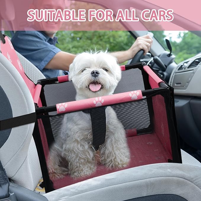 Dog Car Seat Foldable Dog Car Booster Seat Waterproof Breathable Oxford Travel Bag for Small to Medium Dogs, Puppies, and Pets-Footprint Pink-Upgrade