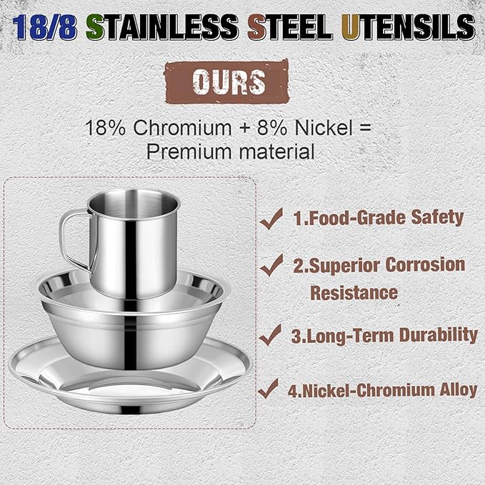 Scout Camping Mess Kit for Person 18/8 Stainless Steel Utensils Camping Dinnerware Kit Boy Scout Dishes Set Girl Scout Mess Kit with Mesh Bag Camping Cutlery Set for Travel Trip School Camp