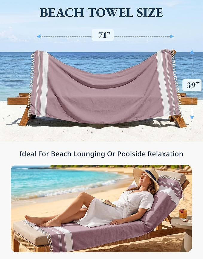 LANE LINEN Turkish Beach Towels, 2 Pack Extra Large Beach Towel, Pre-Washed for Soft Feel, Oversized Sand Free Quick-Dry Pool Towel, Beach Towels for Adults, 39"x71" - Wistful Mauve