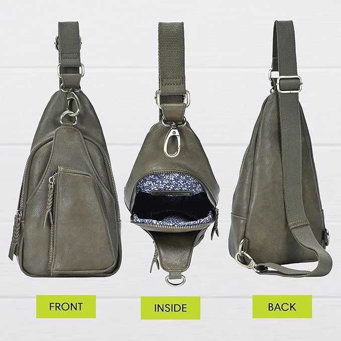 Antik Kraft Tasha Crossbody Sling (Olive) | Vegan Leather Crossbody Bag for Women with 16-20" Strap | Sling Bags for Women with Durable Antique Brass Hardware | 7in x 2.5in x 12.5in |