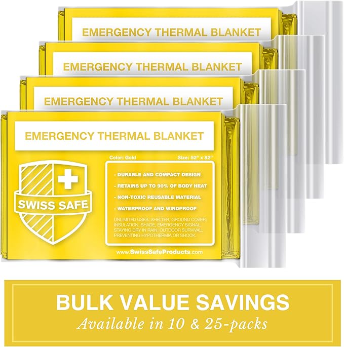 Swiss Safe 25 Pack Mylar Emergency Blankets for Survival - Compact & Insulated for Cold Weather - Designed for NASA, Outdoor, Running, Camping, Survival, First Aid Car Kit - Gold, 25 Pack