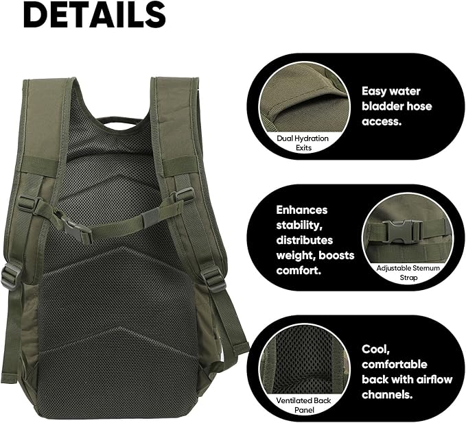 35L Tactical Backpack for Men, MOLLE Military Bug Out Bag, Waterproof Rucksack for Hiking with Hydration Port Army Green