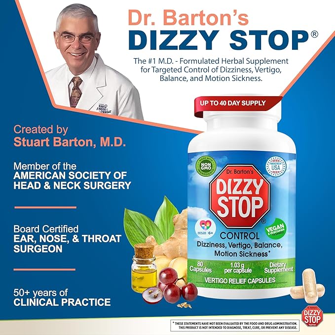 Vertigo Relief Product & Non‑Drowsy Motion Sickness Pills: Nausea and Dizziness, Ginger & Grape Seed Formula, Inner Ear Balance, Car, Cruise & Travel Essential, Stomach Support (80 Count – Pack of 3)