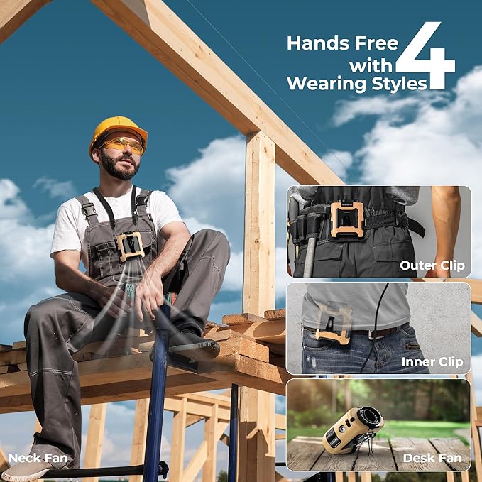 COMLIFE 10000mAh Portable Waist Clip Fan - 40H Cooling Personal Wearable Fan,5 Speeds 16000RPM Strong Belt Fan,Rechargeable Hands-free Neck Fan With Flashlight for Outdoor Jobsite Camping Traveling