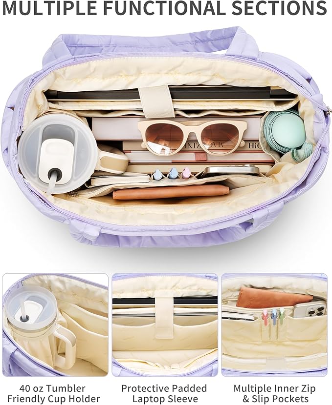 Puffer Tote Bag for Women, Lightweight Puffy Work Handbag Teacher Nurse Quilted Shoulder Bag for School Travel Gym