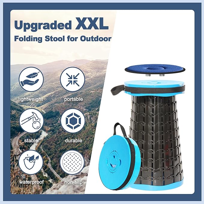 ALEVMOOM 2025 Upgraded XXL 19.7" Collapsible Stool with Cushion, 1000lbs Max Weight Heavy Duty Portable Telescoping Stool, Retractable Seat Folding Chair for Camping Fishing Hiking(Blue-XXL)