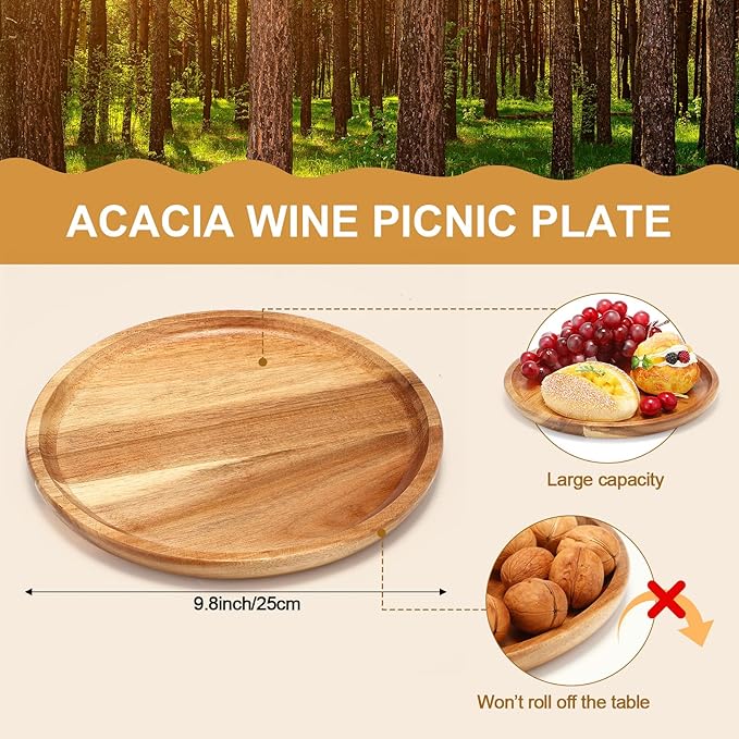 Picnic Foldable Wine Table with Natural Wood Plate Kit, Handmade Handle Portable Tray Table with Food Plate for 2 Outdoor Camping Picnic Wine Set Gift for Couples (Dark Color)