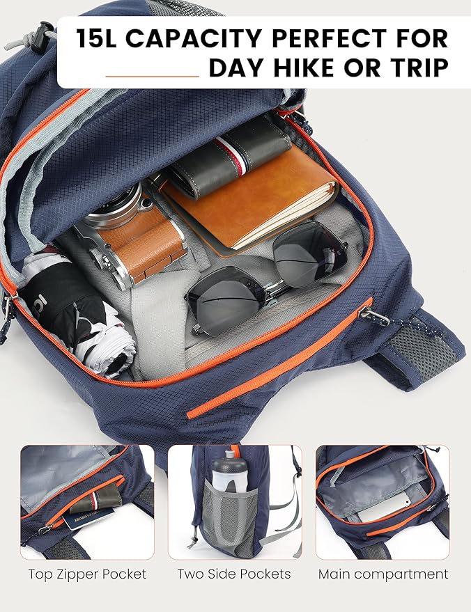 SKYSPER 15L Lightweight Small Hiking Backpack for Women Men, Foldable Travel Daypack, Packable Camping Backpack, Mini Outdoor Hiking Bag (Darkblue)