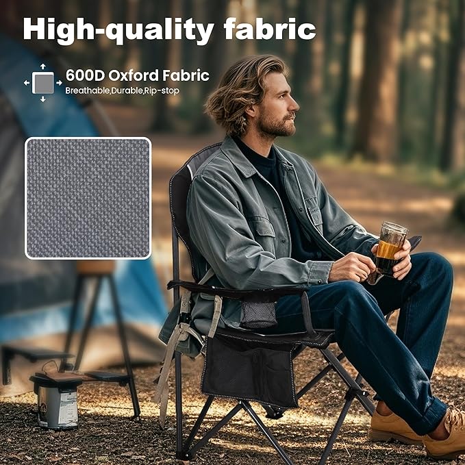 LET'S CAMP Oversized Outdoor Folding Camping Chair, Heavy Duty Arm Chair with Cup Holder and Storage Bag, 350 LBS Weight Capacity, Grey