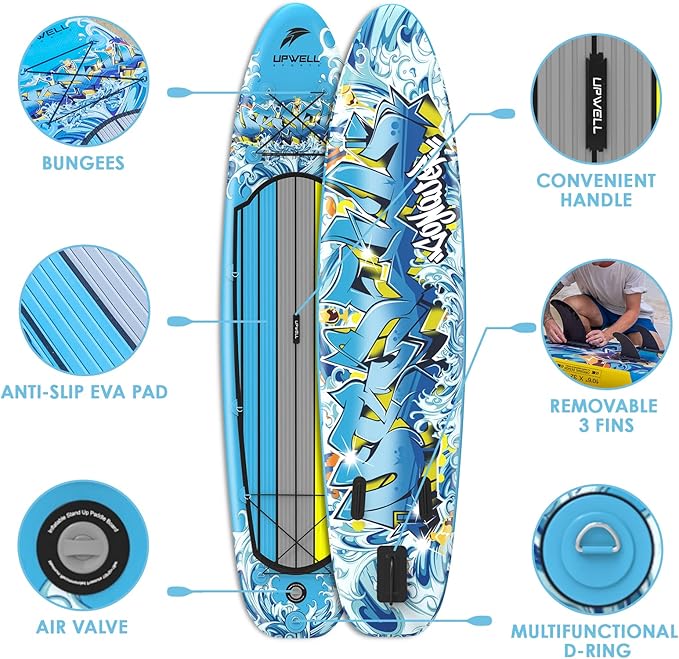 UPWELL 10'6"/11'/11'6" Inflatable Paddle Board, Stand Up Paddlboard for Youth & Adults, Stable Design, Premium SUP Accessories, Backpack, Leash, Hand Pump, Fins