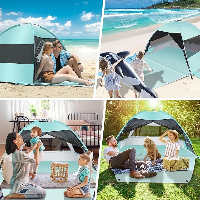 Large Easy Setup Beach Tent,Anti-UV Beach Shade Beach Canopy Tent Sun Shade with Extended Floor & 3 Mesh Roll Up Windows Fits 3-4 Person,Portable Shade Tent for Outdoor Camping Fishing (Mint Green)