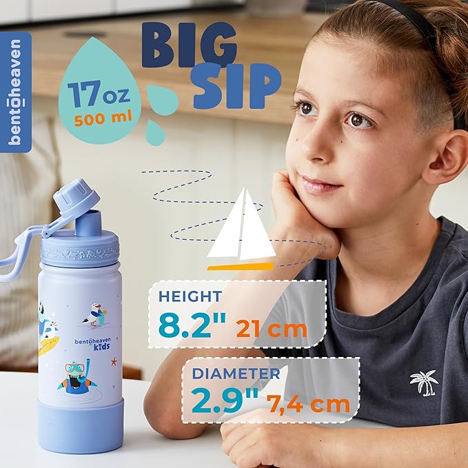 Bentoheaven Kids Water Bottle Stainless Steel for Boys & Girls, 2 Lids (Chug & Straw), Handle & Silicone Boot, Reusable Metal Leak-proof Insulated Tumbler, School & Sports 17oz (Blue)