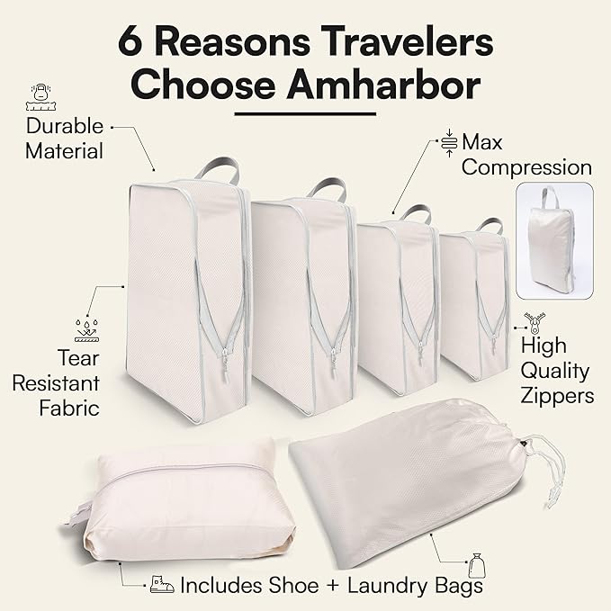AMHARBOR Set of 6 Compression Packing Cubes for Travel - Space-Saving Luggage Organizers - Vacation Travel Essentials - Lightweight Accessories for Suitcase