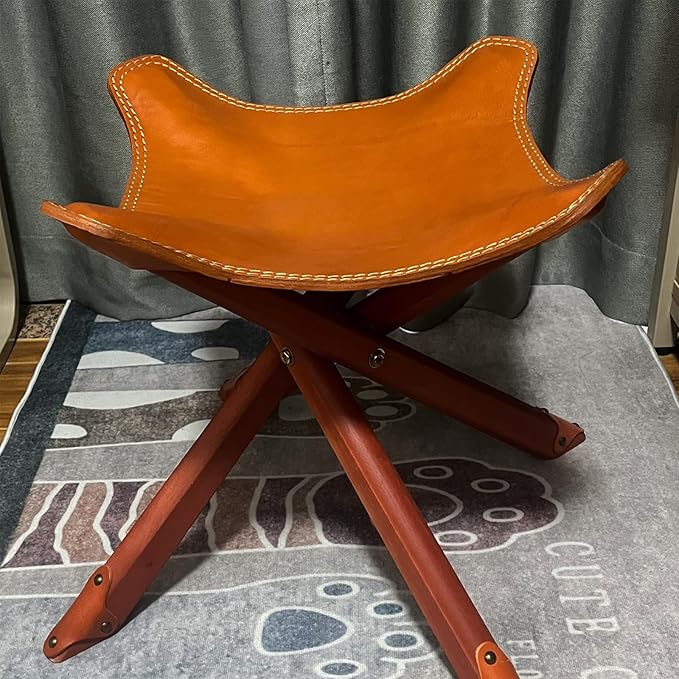 Leather Stool 4-Legs, Portable Beech Wood Artist Folding Stool, Italian Top Vegetable Tanned Leather Seat, Home Fashion Genuine Leathers Director’s Stool for Home Outdoor Camping Fishing