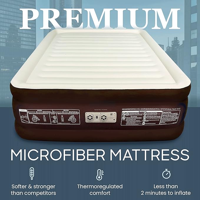 Englander First Ever Microfiber Air Mattress, Microfiber Airbed with Built in Pump Queen Brown/Cream Top