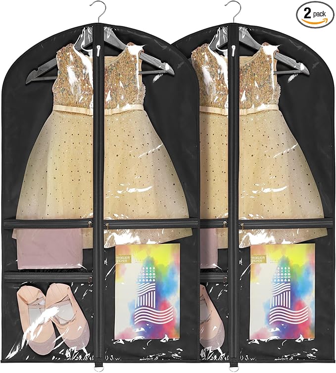 Univivi Dance Costume Bags Garment Bag 40 Inch Hanging Clothes for Dance Competitions, with 3 Medium Clear Zipper Pockets for Dance Costumes, Closet Storage (Black, 2 Pack)