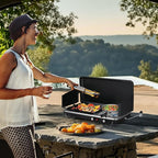 Bonnlo 2-in-1 Camping Stove with Propane Griddle, 15000 BTU Portable Gas Stove with Auto-Ignition, Foldable Windshield & Carry Handle, Camp Stove for Outdoor Cooking, BBQ, Frying, Camping, Tailgating