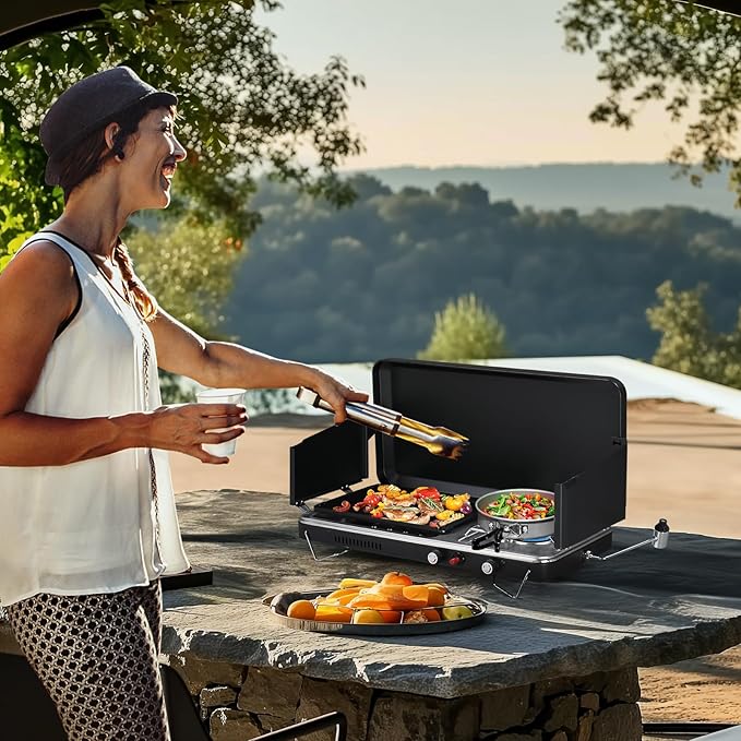 Bonnlo 2-in-1 Camping Stove with Propane Griddle, 15000 BTU Portable Gas Stove with Auto-Ignition, Foldable Windshield & Carry Handle, Camp Stove for Outdoor Cooking, BBQ, Frying, Camping, Tailgating