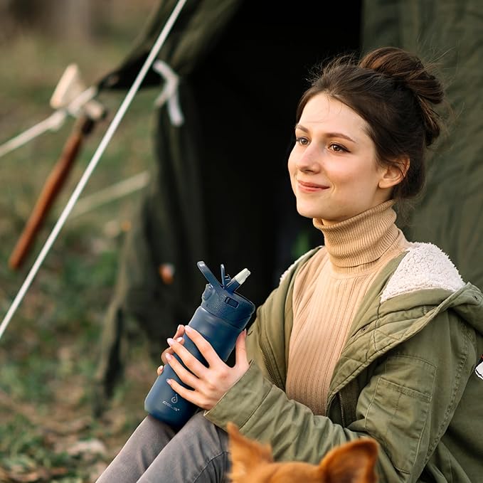 IDEUS Insulated Stainless Steel Water Bottle with 2 Leak-Proof Lids, Thermal Water Flask for Hiking Biking, 18oz, Navy Blue