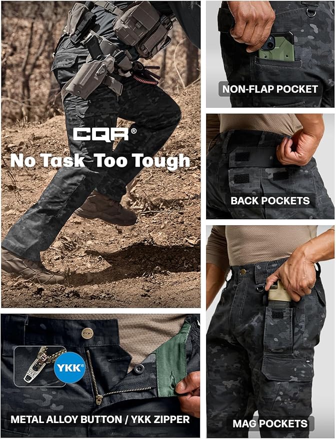 CQR Men's Tactical Pants, Water Resistant Ripstop Cargo Pants, Lightweight EDC Work Hiking Pants, Outdoor Apparel