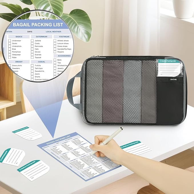 BAGAIL 4 Set/6 Set/8 Set Compression Packing Cubes Travel Accessories Expandable Packing Organizers (Half Mesh, 8-Jet Black)