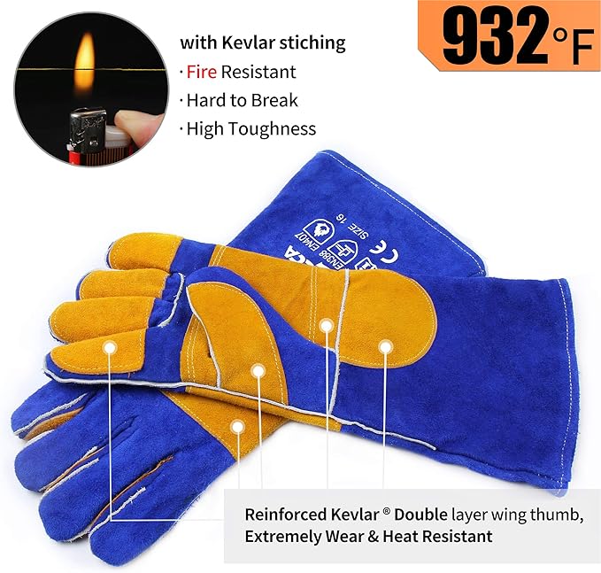RAPICCA Welding Gloves Fire Heat Resistant: Blue 16IN 932℉ - Fireproof Leather For Stick Mig Flux-Core Welder Forge Blacksmith Fireplace Wood Stove Fire Pit Grill Oven Furnace Handling Dry Ice