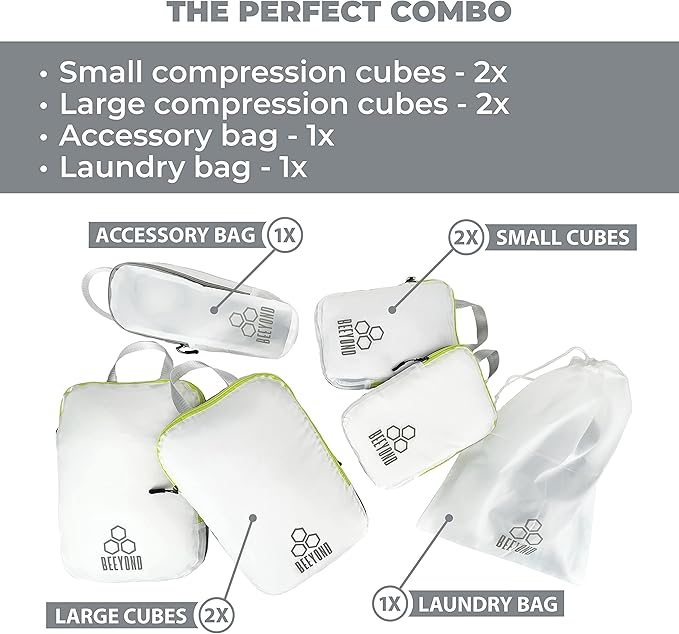 Beeyond Compression Packing Cubes Set - 6 Pieces for Travel and Luggage Organization, Includes Large & Small Cubes, Accessories Bag, and Laundry Bag