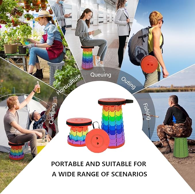 Portable Collapsible Stool, Adjustable Height Folding Seat for Adults and Kids, Lightweight Retractable Telescoping Stool for Camping, Travel, Fishing, Outdoor & Indoor Use (Rainbow Orange)