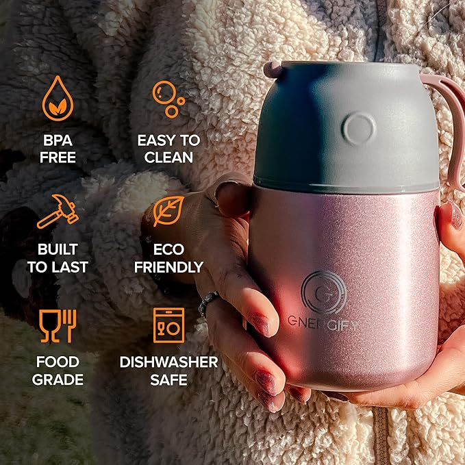 ENERGIFY Vacuum Insulated Food Jar. Large 17oz Bowl incl. Folding Spoon, Cup. Wide Mouth Keep Hot & Cold Drinks Soup Lunch Container for Adults. BPA-Free Stainless Steel, Leak Proof Rose Gold