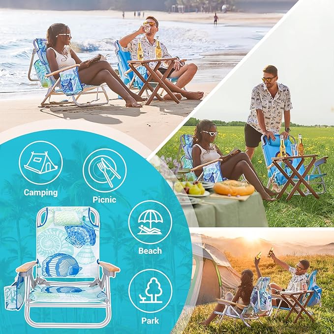 #WEJOY Folding Beach Chair for Adults, 4-Position Aluminum Lightweight Beach Chair, Low Sands Chairs with Shoulder Strap, Cup Holder and Padded Headrest, Supports 265lbs for Lawn