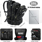 Military Tactical Backpack 25L Day Backpack for Men Molle Army 3 Days Assault Pack Bug Out Bag Water Resistant and Heavy Duty Hiking Treeking Rucksack - Black Camo