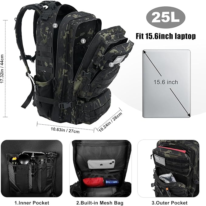 Military Tactical Backpack 25L Day Backpack for Men Molle Army 3 Days Assault Pack Bug Out Bag Water Resistant and Heavy Duty Hiking Treeking Rucksack - Black Camo