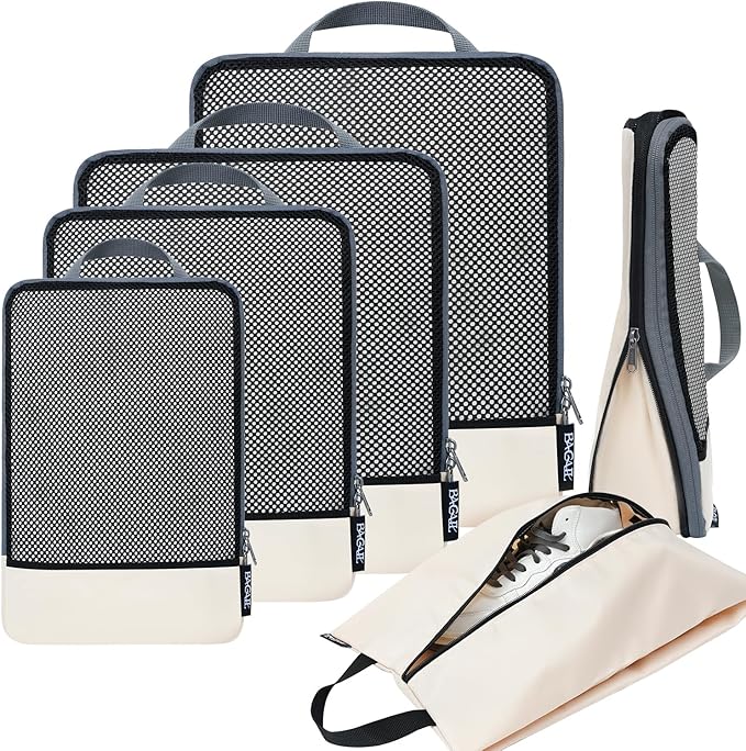 BAGAIL 4 Set/6 Set/8 Set Compression Packing Cubes Travel Accessories Expandable Packing Organizers (Half Mesh, 6-Beige)