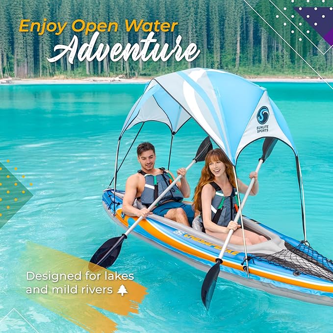 Sunlite Sports 2-Person Inflatable Kayak with Aluminum Oars (136" x 33"), High Output Air Pump and Storage Bag, Double Tandem Kayak for Adults, Two Person Canoe and Kayak, Good for Lakes and Rivers