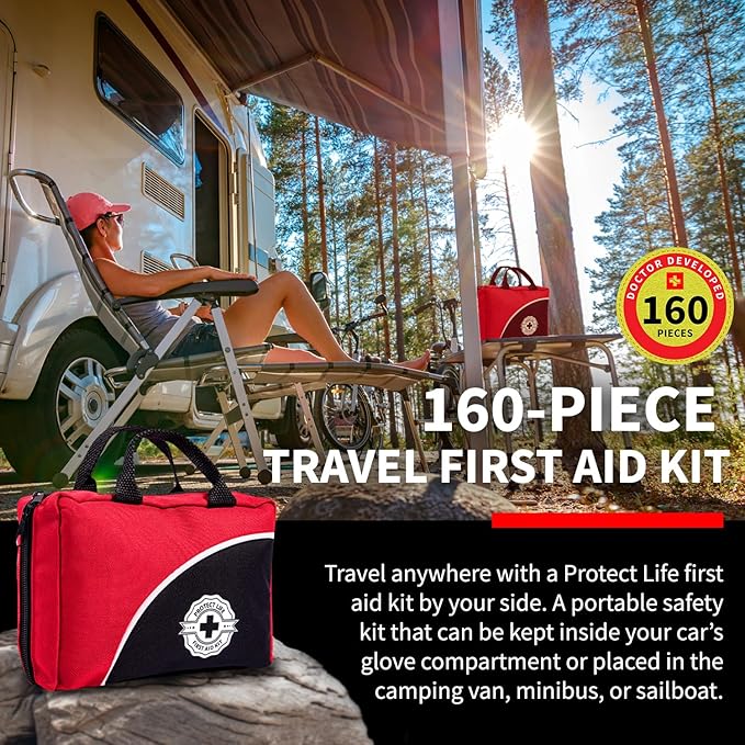 Protect Life Survival First Aid Kit for Home/Business, Camping Survival Kits | Mini Travel First Aid Kit | Camping Equipment | Small Kits for Car | Outdoor Emergency Survivals Pack - 160pcs