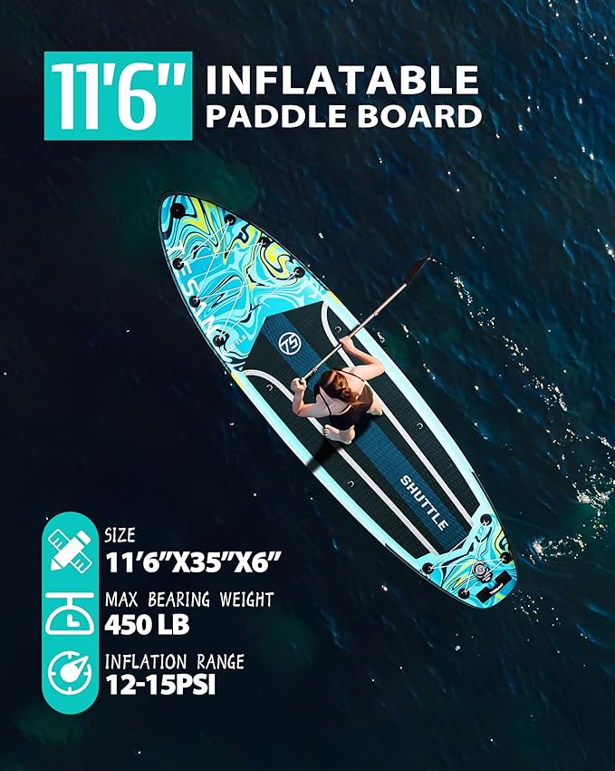 11'6x35'' Extra Wide Inflatable Paddle Board,All-Round Ultra Stable Stand Up Paddleboards with Plus Kits for 450lb/3 People/Family,Dual Bungees, Camera Mount, 100L Backpack, Dual-Action Pump