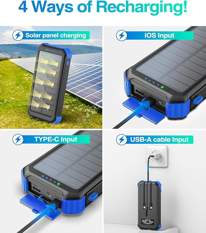 LATIMERIA 45800mAh Solar Charger Power Bank, Portable Phone Charger with 5V3.1A QC 3.0 Fast Charging, Solar Panel USB C in/Output for Cellphone, External Battery Pack with Dual Flashlights for Hiking