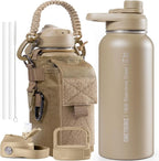 ONETIGRIS 32 oz Insulated Water Bottle with Straw - Tactical Stainless Steel Water Jug, Leakproof Wide Mouth Sport bottle with 3 Lids and Sleeve for Travel, Gym, Camping, Hiking