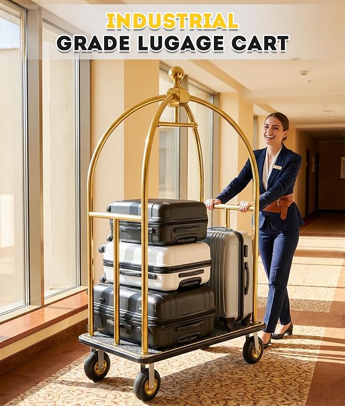 Hotel Luggage Cart, Brushed Stainless Steel Finish Bellman's Cart, Valet Cart with Grey Carpeted Deck and 8‘’ Rubber Wheels, Ideal for Hotels, Condos, Resorts, 1300Lbs Load (Gold, 42''L x 74''H)