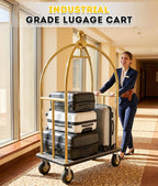 Hotel Luggage Cart Commercial Grade Brushed Stainless Steel, 900LBS Heavy Duty Bellman's Cart with 8" Rubber Wheels & Grey Carpeted Deck Luggage Trolley for Hotels Resorts (Gold, 74" X 42" X 25")