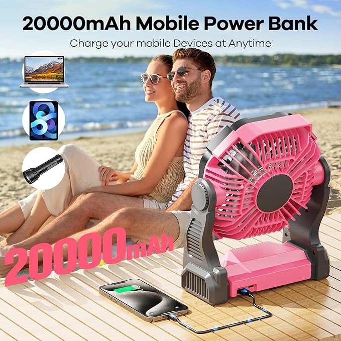 20000mAh Solar Fan with LED Lantern, 10W Solar Panel Rechargeable Battery Powered Camping Fan for Outside, 9 Inch Portable Battery Operated Hurricane Supplies for Picnic, Barbecue, Fishing, Travel