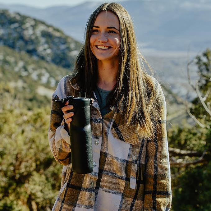 BOTTLE BOTTLE Insulated Water Bottle 24 oz with Handle and Flip Tops Lids Stainless Steel Water Bottle Push Button Lid Leak proof Portable for Running Travel Sports Hiking black