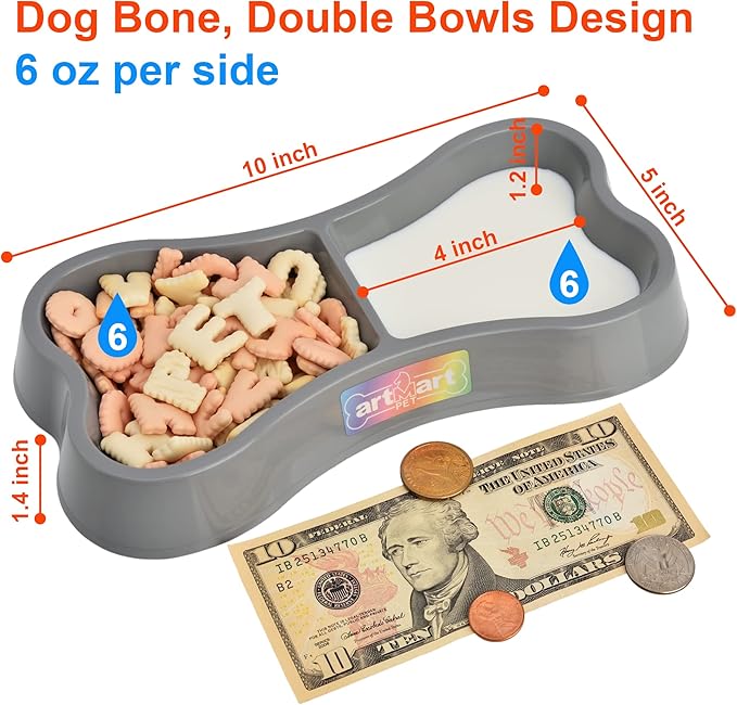 Set of 2 Lightweight Small Dog Puppy Cat Food and Water Bowls 6 oz Double Pink Plastic Portable Outdoor Travel Dish (Pink and Gray Set)