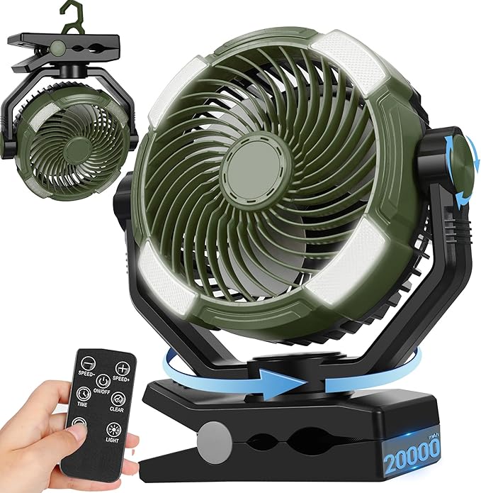 DUKUSEEK 20000mAh Clip On Fan with LED Light, 9-inch 60Hrs Portable Camping Fan with Sturdy Clamp, 360° Oscillating Personal Desk Fan for Office, Worksite, Golf - Regargeable Battery Powered USB Fans