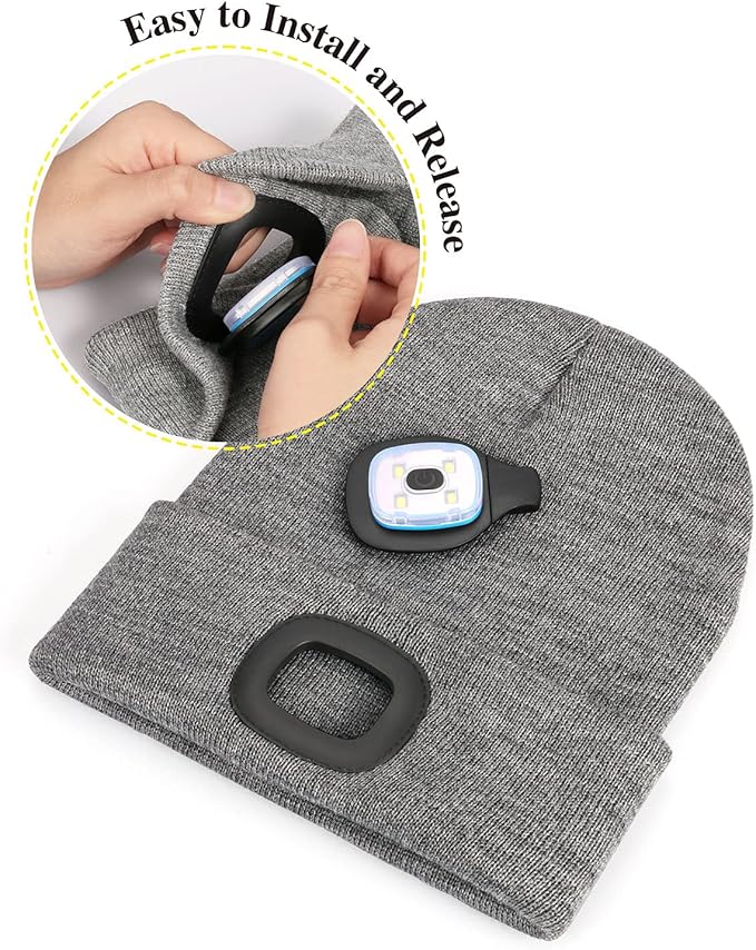 MELASA Unisex Hat with Light, USB Rechargeable Hands Free Headlamp LED Beanie, Winter Gifts for Men Dad Father Husband Him