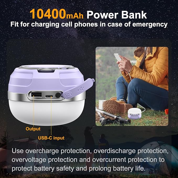 LED Camping Lantern Rechargeable 1400LM, Up to 420H Running Time Camping Tent RGB Light, 10400mAh Emergency Hanging Light for Hurricane, Power Outages, Home, Hiking,Violet